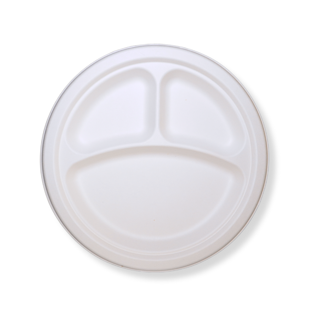 10-Inch White Plant Fiber Round Plate, 3-Compartment — 500/Case