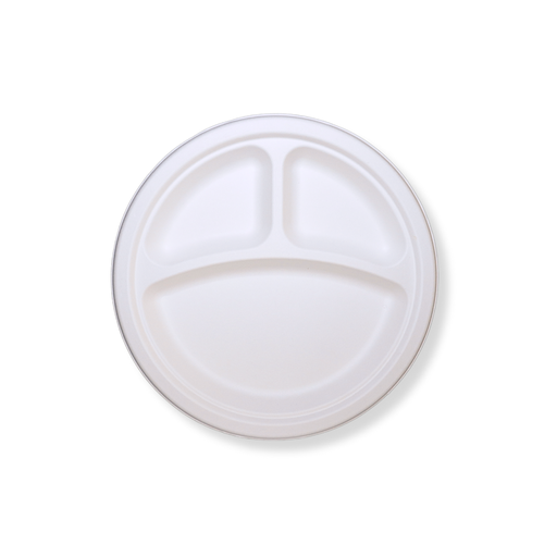 9-Inch White Plant Fiber Round Plate, 3-Compartment — 500/Case   