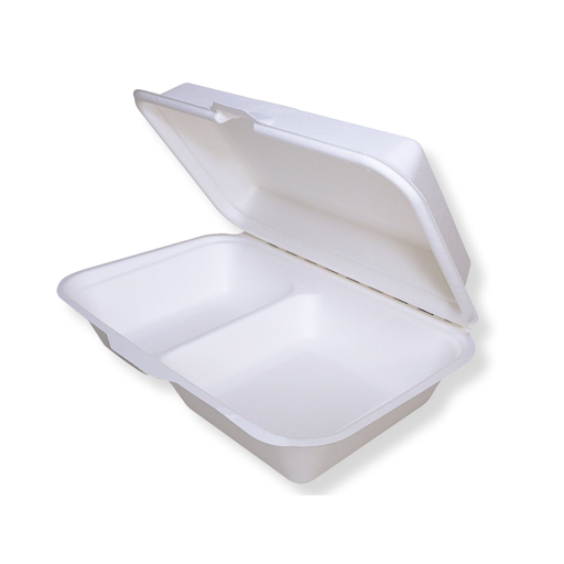 9" × 6" White Plant Fiber Rectangular Hinged Clamshell Container, 2-Compartment — 250/Case